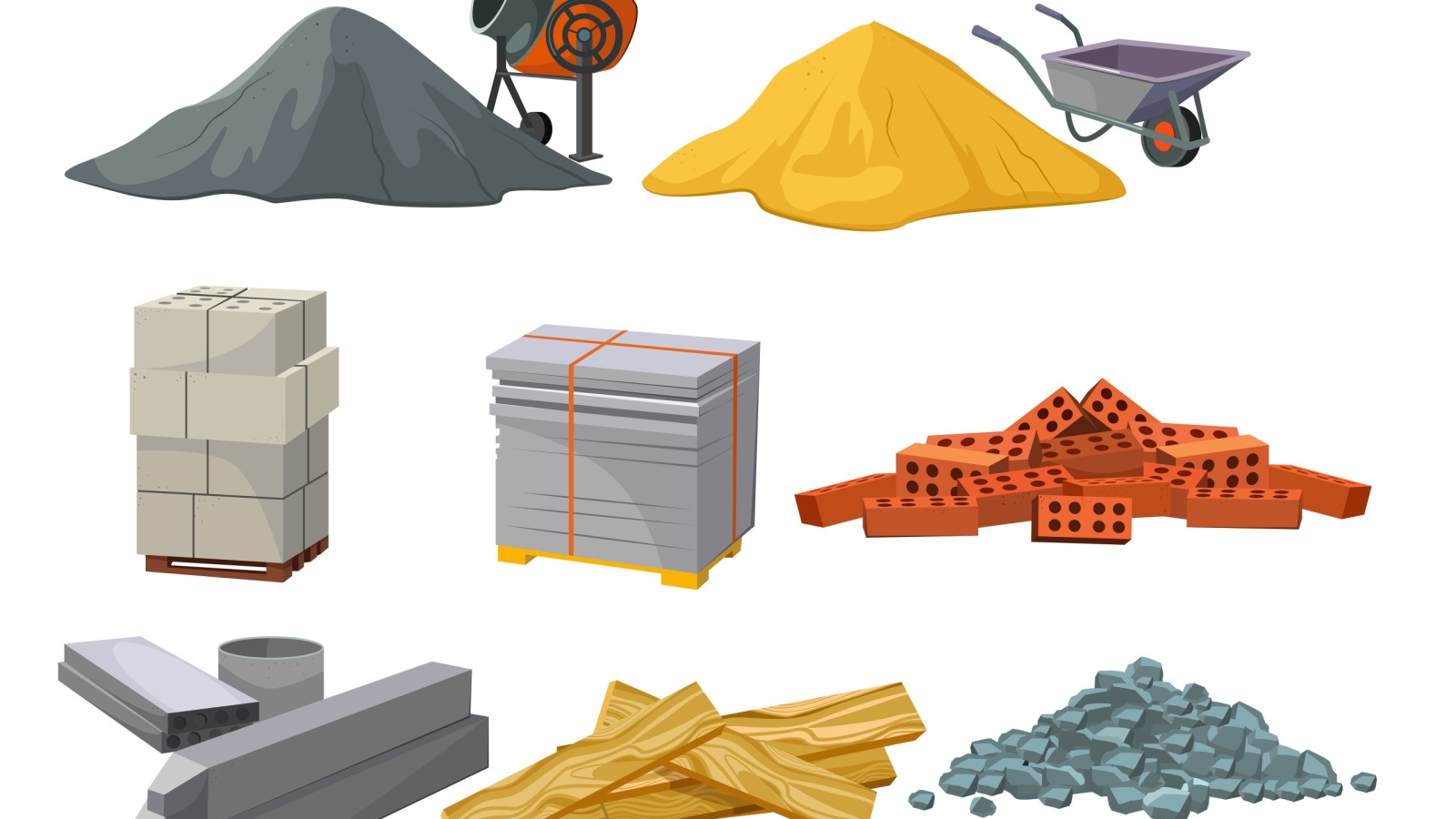 Building material heaps set. Bricks, sand, wooden planks, concrete mixer. Construction concept. Vector illustrations can be used for construction sites, works, industry